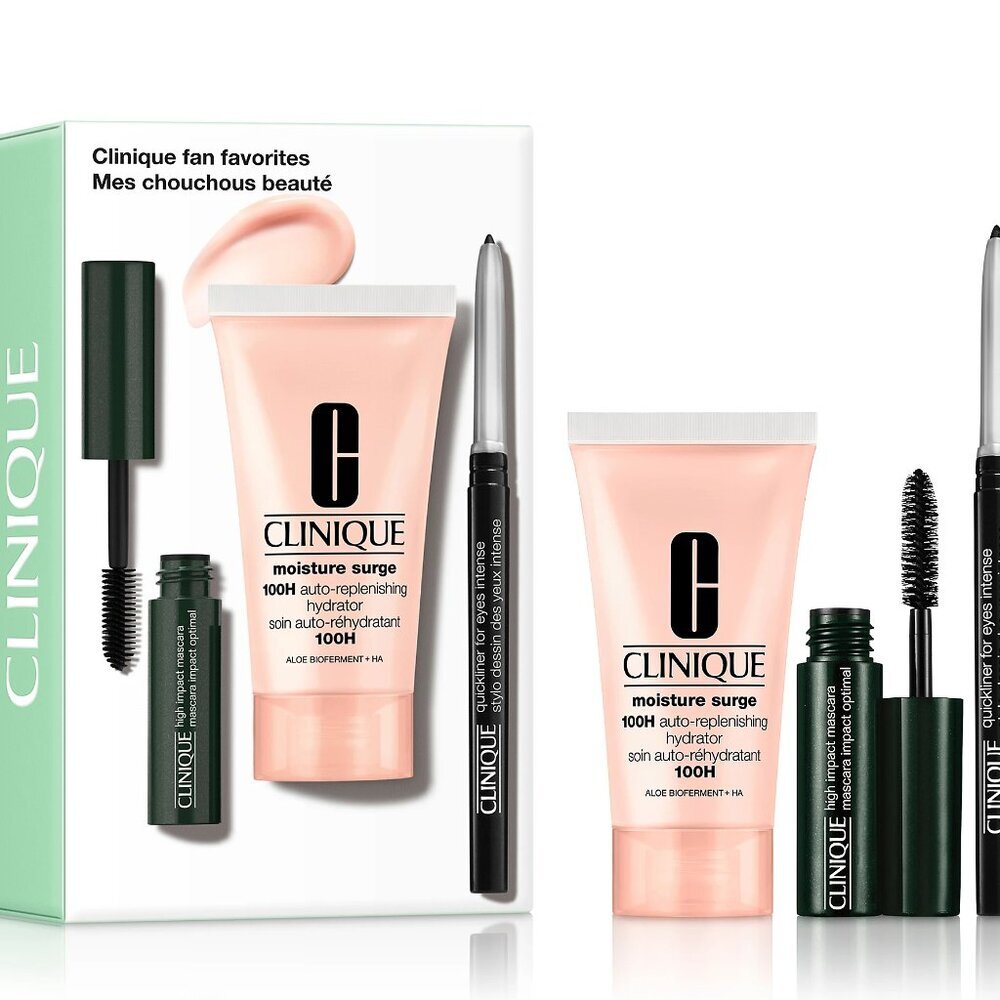 Clinique Fan Favorites Skincare & Makeup Set Mascara, Eyeliner Moisturizer - NIB